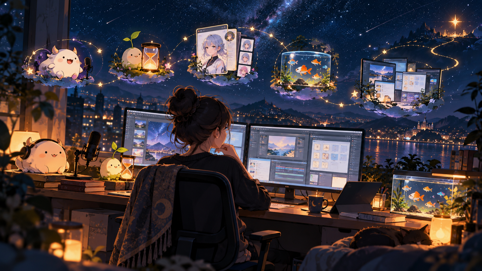 星空の下で一人の制作者がPCに向かい、配信キャラクター、作業用の相棒、キャラクターカード、水族館、整理されたPC画面という5つの制作アイデアが周囲に浮かぶイラスト