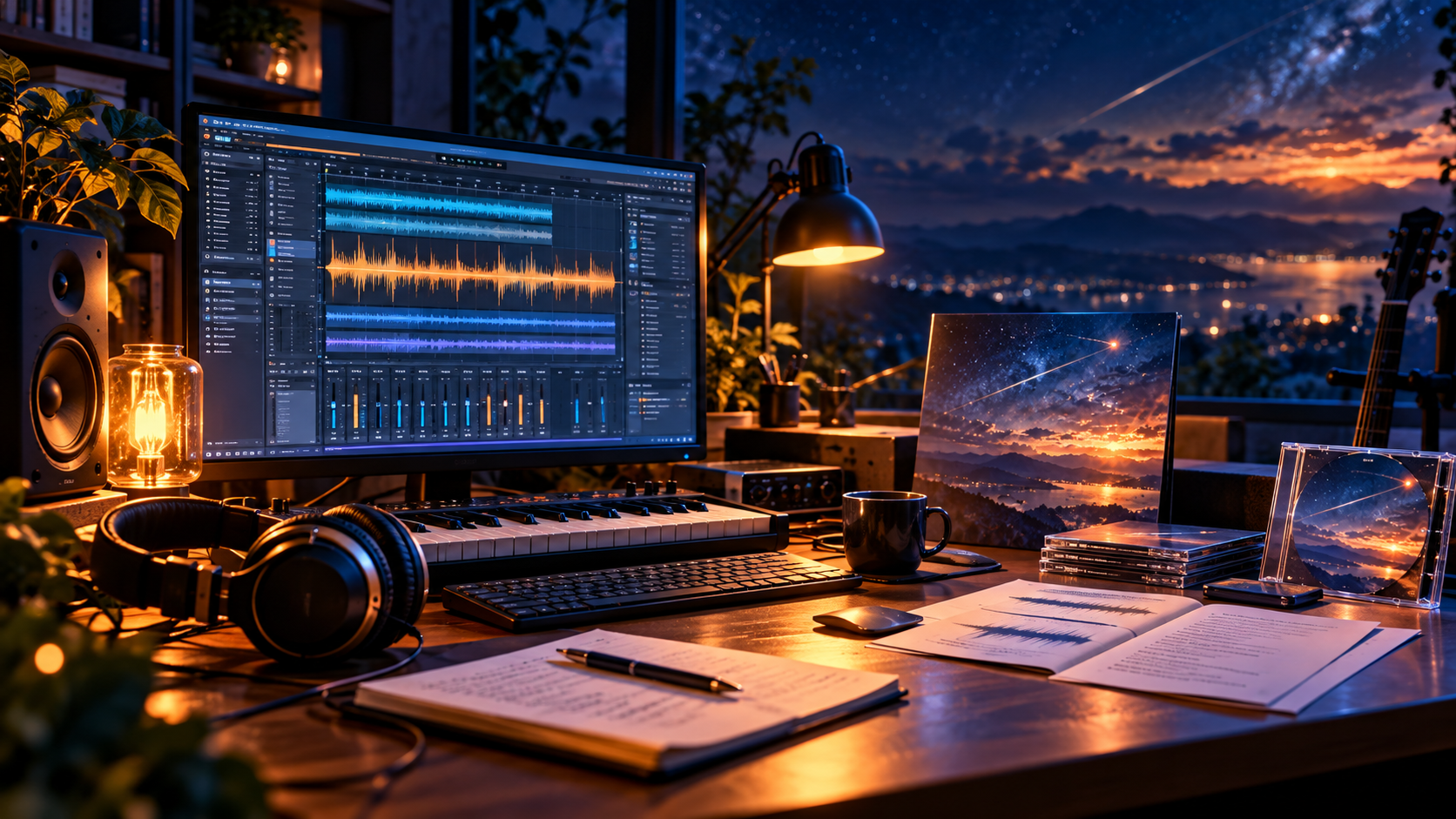 星空を望む夜の音楽制作机。モニターに音声波形が映り、ヘッドホンや鍵盤、ジャケット画像、歌詞メモが並んでいる。